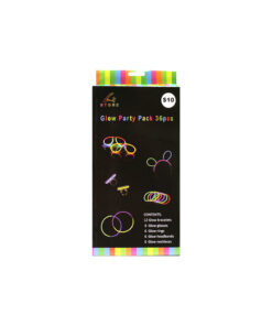 Glow in the dark party pack coming with 12 glow bracelets, 6 glow glasses, 6 glow rings, 6 glow headbands, and 6 glow necklaces in assorted purple, blue, green, orange, yellow, and red colours