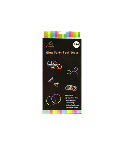 Glow in the dark party pack coming with 12 glow bracelets, 6 glow glasses, 6 glow rings, 6 glow headbands, and 6 glow necklaces in assorted purple, blue, green, orange, yellow, and red colours