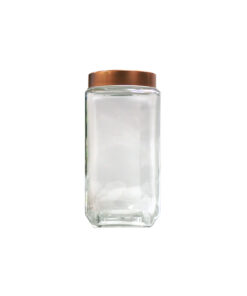 Clear glass storage jar with copper lid in dimensions 9cm x 9cm x 18.5cm