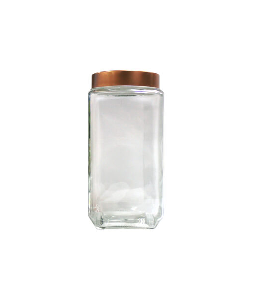 Clear glass storage jar with copper lid in dimensions 9cm x 9cm x 18.5cm