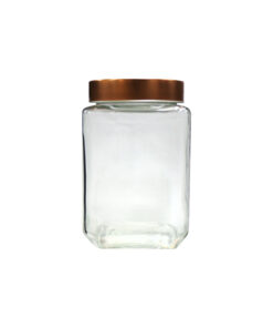 Clear glass storage jar with copper lid in dimensions 9cm x 9cm x 14.6cm