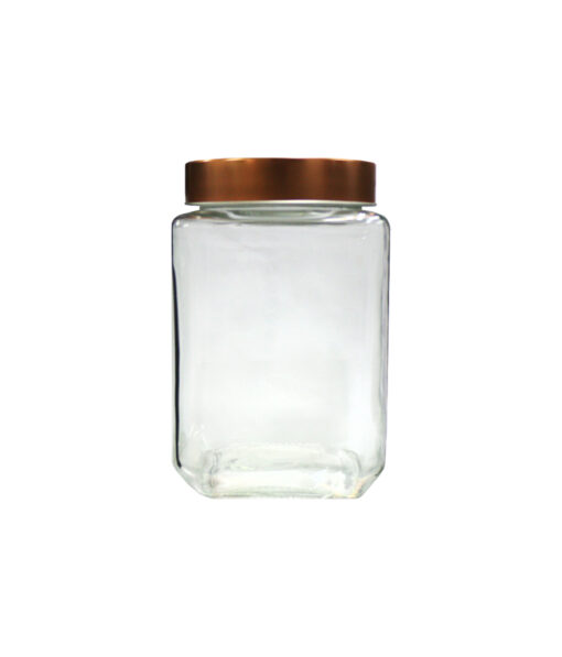 Clear glass storage jar with copper lid in dimensions 9cm x 9cm x 14.6cm