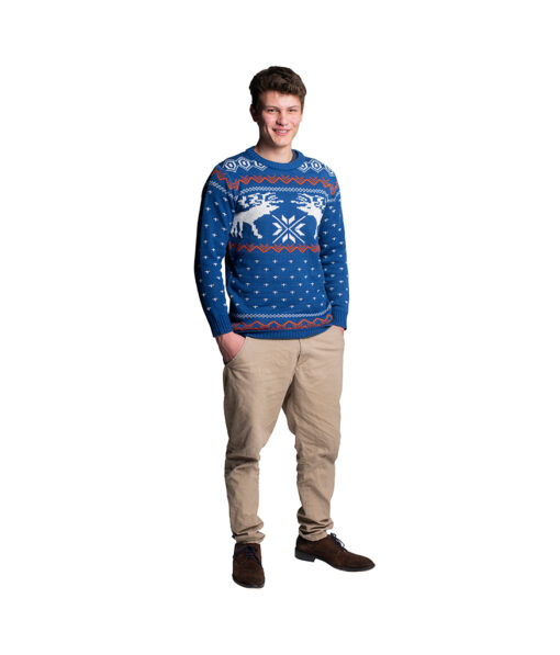 Christmas jumper in blue colour with reindeer design