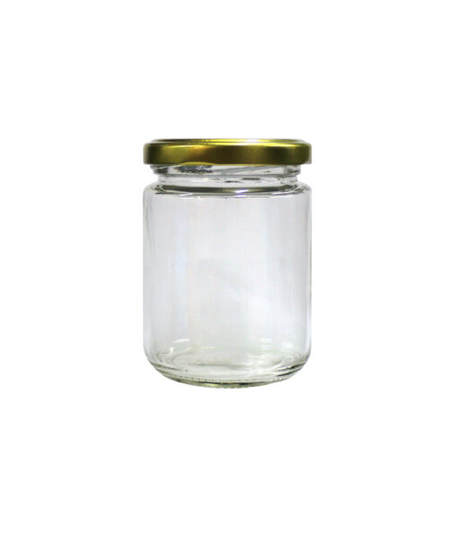 Clear glass storage jar with gold lid in dimensions 6.9cm x 6.9cm x 9.5cm