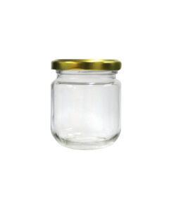 Clear glass storage jar with gold lid in dimensions 6.8cm x 6.8cm x 8cm