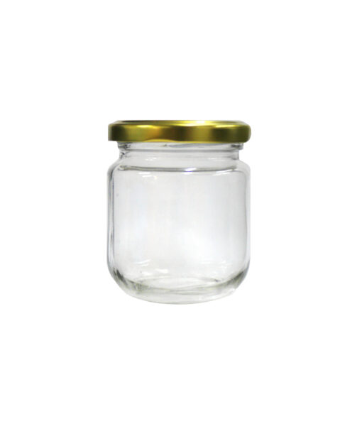 Clear glass storage jar with gold lid in dimensions 6.8cm x 6.8cm x 8cm