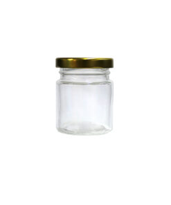 Clear glass storage jar with gold lid in dimensions 5cm x 5cm x 6.5cm