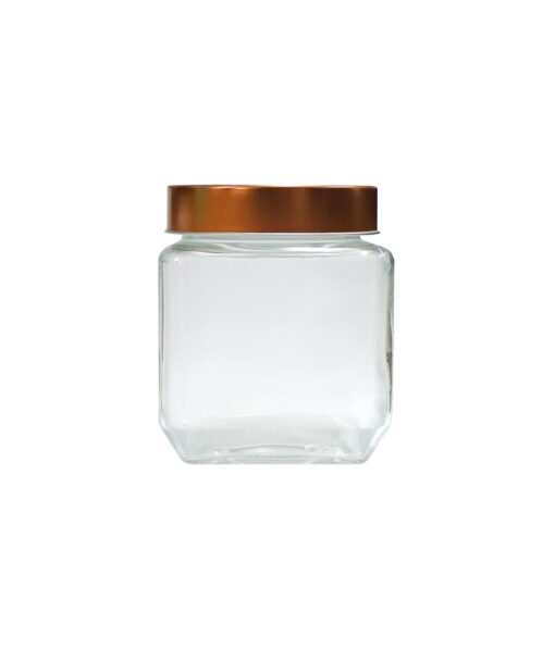 Clear glass storage jar with copper lid in dimensions 6.8cm x 6.8cm x 9.2cm