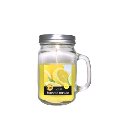 Lemon scented candle in glass jar with handle