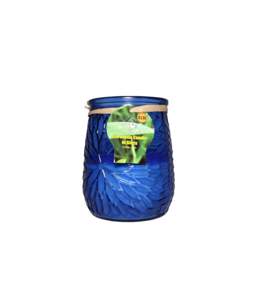 Citronella candle in blue glass jar