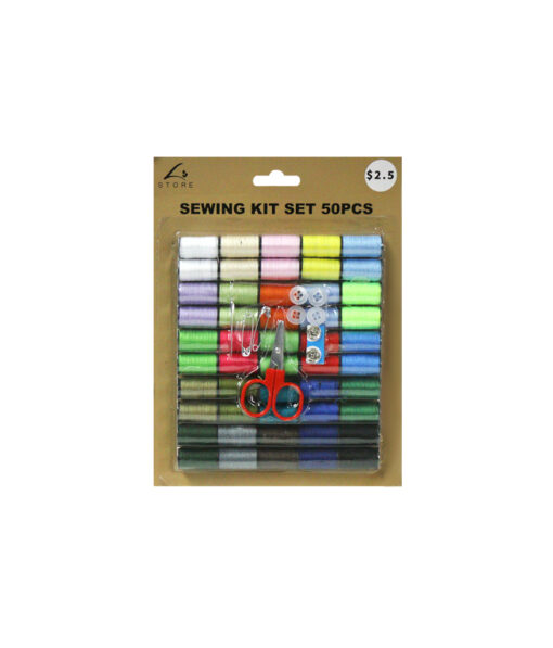 Sewing kit including safety pins, buttons, scissors and assorted 25 colours of threads