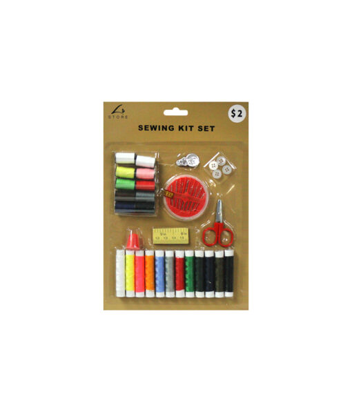 Sewing kit including assorted rolls of threads, buttons, scissors, ruler, and thimble