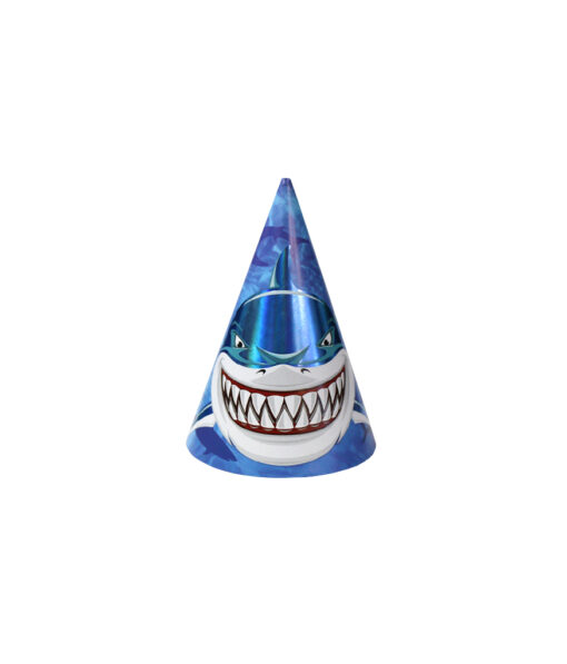 Iridescent shark paper party hats in pack of 12