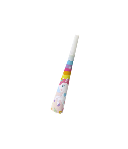 Unicorn printed party horn blowouts in pack of 12