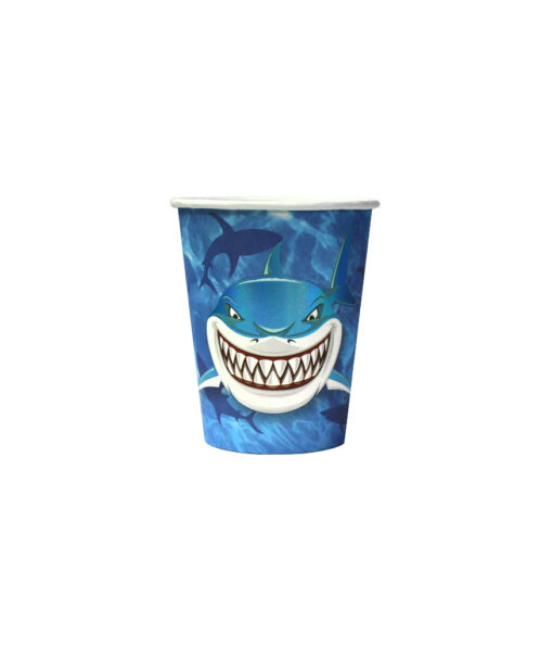 Disposable paper cups with iridescent shark design, coming in pack of 12 and capacity of 9oz