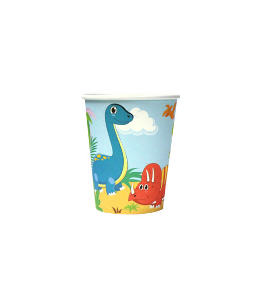 Disposable paper cups with dinosaur design, coming in pack of 12 and capacity of 9oz