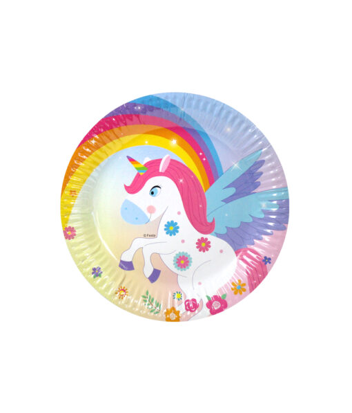 Paper plates with iridescent unicorn design in diameter of 23cm and coming in pack of 12