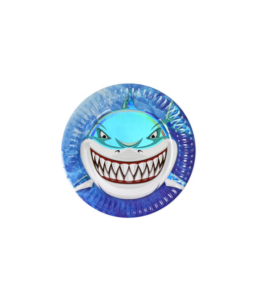 Paper plates with iridescent shark design in diameter of 18cm and coming in pack of 12