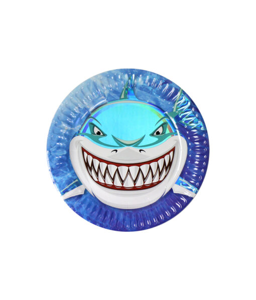 Paper plates with iridescent shark design in diameter of 23cm and coming in pack of 12