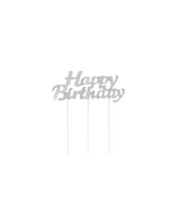 Glittery silver "Happy Birthday" cake topper