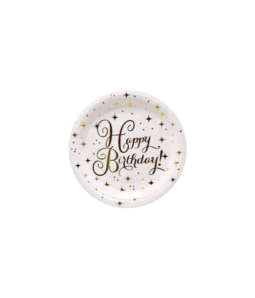 Gold happy birthday paper plates in pack of 12 and size of 7in