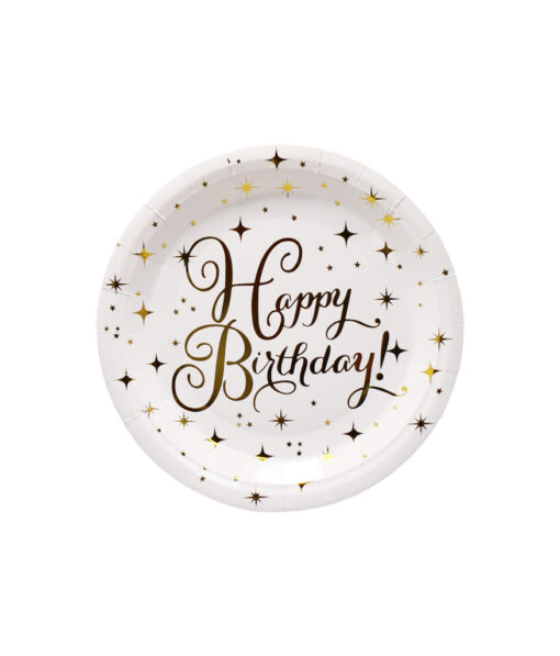Gold happy birthday paper plates in pack of 12 and size of 9in