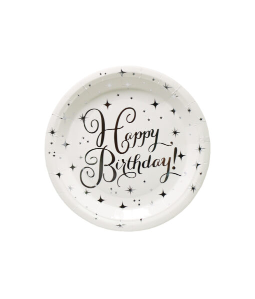 Silver happy birthday paper plates in pack of 12 and size of 9in