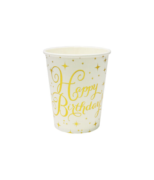 Gold Happy Birthday paper cups with star design in white colour coming in pack of 20 and capacity of 9oz