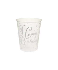 Silver Happy Birthday paper cups with star design in white colour coming in pack of 20 and capacity of 9oz