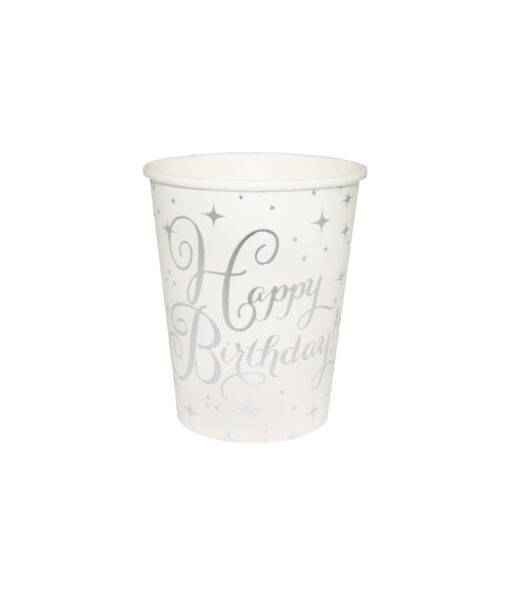 Silver Happy Birthday paper cups with star design in white colour coming in pack of 20 and capacity of 9oz