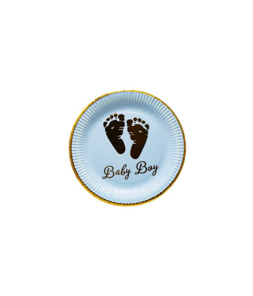 Bule baby boy paper plates with writing, footprints, and rim in gold colour coming in pack of 12 pieces and size of 7in