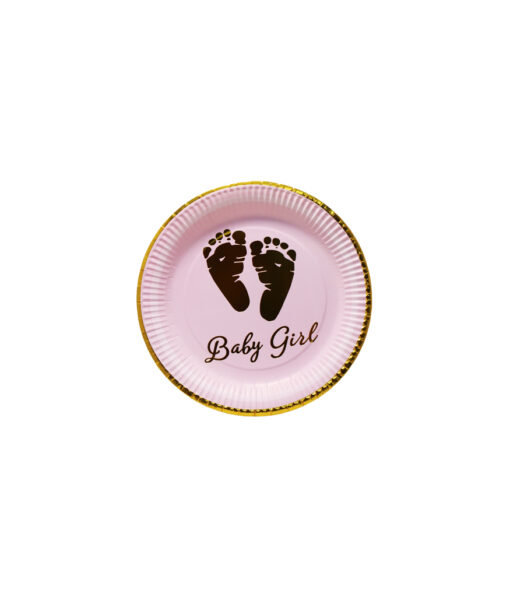 Pink baby girl paper plates with writing, footprints, and rim in gold colour coming in pack of 12 pieces and size of 7in