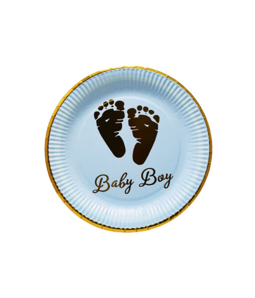 Blue baby boy paper plates with writing, footprints, and rim in gold colour coming in pack of 12 pieces and size of 9in