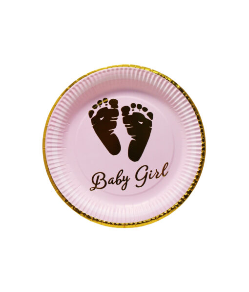 Pink baby girl paper plates with writing, footprints, and rim in gold colour coming in pack of 12 pieces and size of 9in