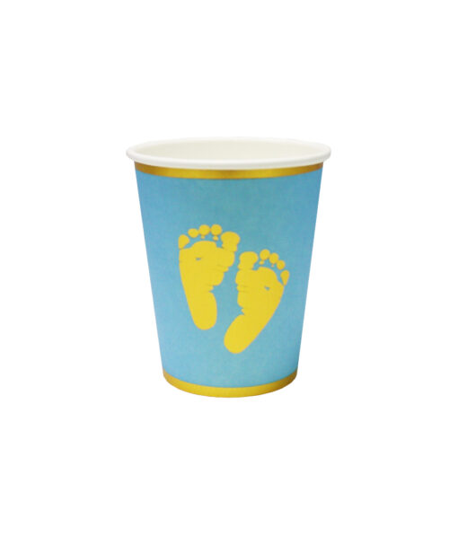 Blue baby boy paper cups with footprints, writing and rim in gold coming in pack of 20 and capacity of 9oz