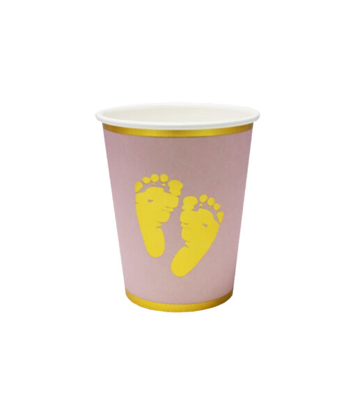 Pink baby girl paper cups with footprints, writing and rim in gold coming in pack of 20 and capacity of 9oz