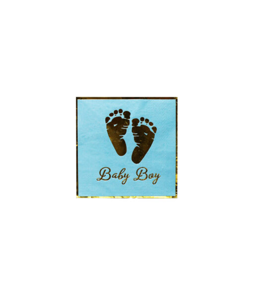 Light blue baby boy paper napkins with writing, footprints, and border in gold coming in pack of 20 pieces