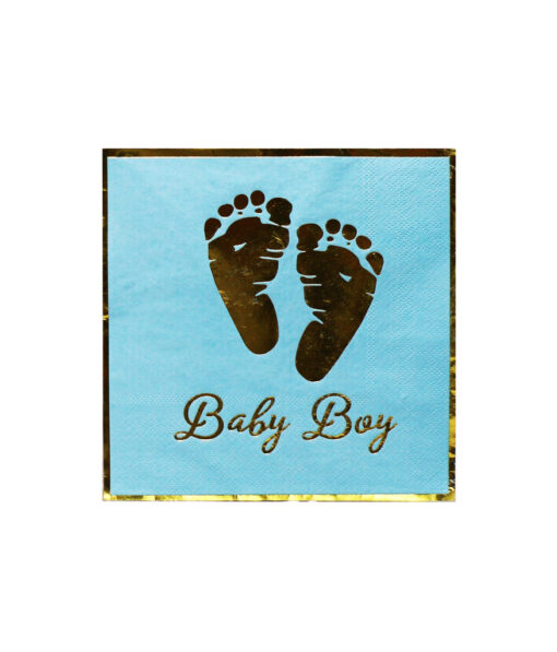 Light blue baby boy large paper napkins with writing, footprints, and border in gold coming in pack of 20 pieces