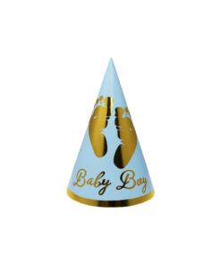 Light blue baby boy paper hat with gold writing, footprints and rim coming in pack of 10