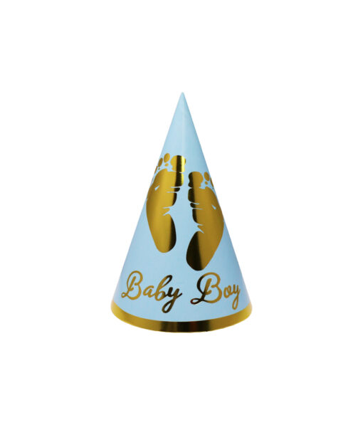Light blue baby boy paper hat with gold writing, footprints and rim coming in pack of 10