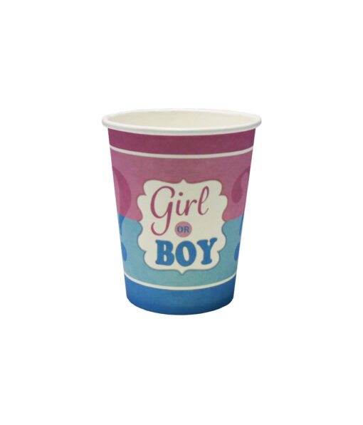 Boy or girl paper cups in pink and blue colour coming in pack of 20 and capacity of 9oz