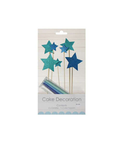 Blue glitter cake candle topper set coming with 4 candles and 7 cake toppers