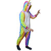 Rainbow unicorn onesie with unicorn face on hood, golden horn and hot pink tail