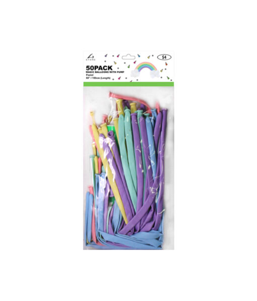 Pastel mixed colour magic modelling balloons with pump in length of 150cm and coming in pack of 50