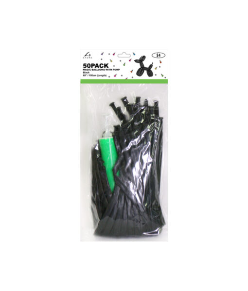 Black colour magic modelling balloons with pump in length of 150cm and coming in pack of 50