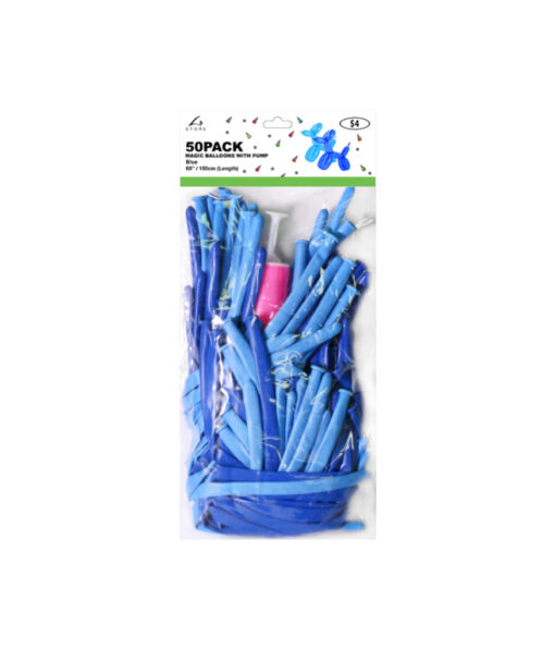 Mixed blue colour magic modelling balloons with pump in length of 150cm and coming in pack of 50
