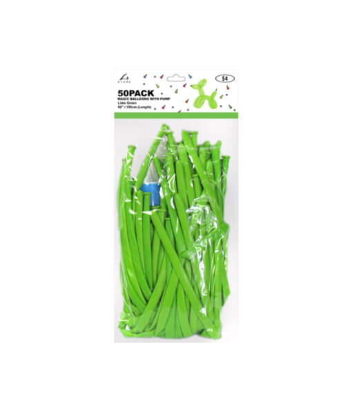 Lime green colour magic modelling balloons with pump in length of 150cm and coming in pack of 50