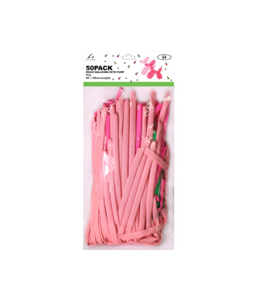 Mixed pink colour magic modelling balloons with pump in length of 150cm and coming in pack of 50