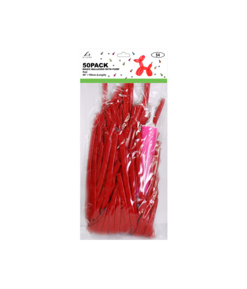 Red colour magic modelling balloons with pump in length of 150cm and coming in pack of 50