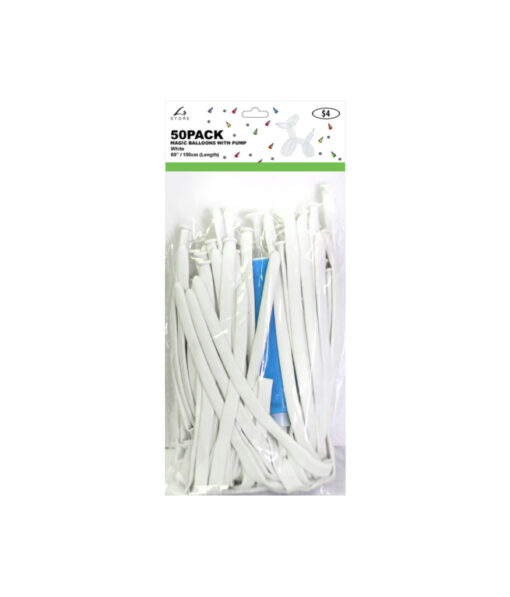 White colour magic modelling balloons with pump in length of 150cm and coming in pack of 50